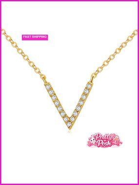 18K Solid Gold Initial V Pendant Necklace 18 inch Chain